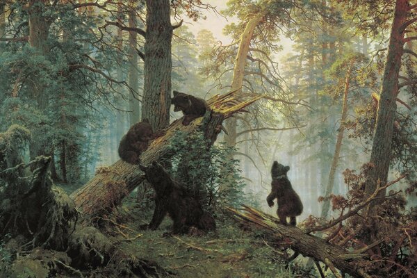 Картина утро в сосновом лесу с медвежатами на поваленном дереве