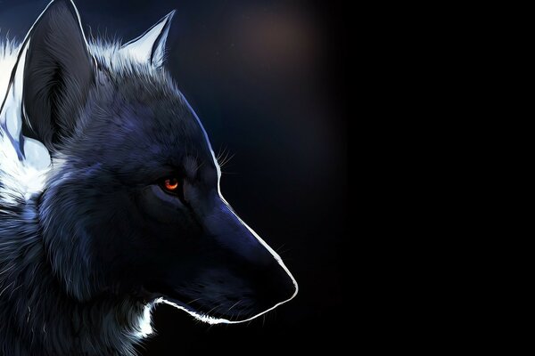 Art the head of a white wolf with red eyes sideways