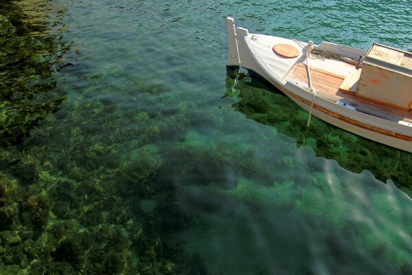 A boat in the sea in which the bottom is visible