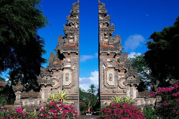 Pink flowers and one of the attractions of Bali