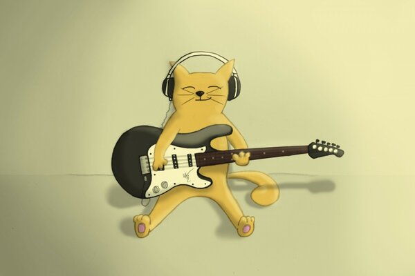 Gato dibujado guitarrista en auriculares 