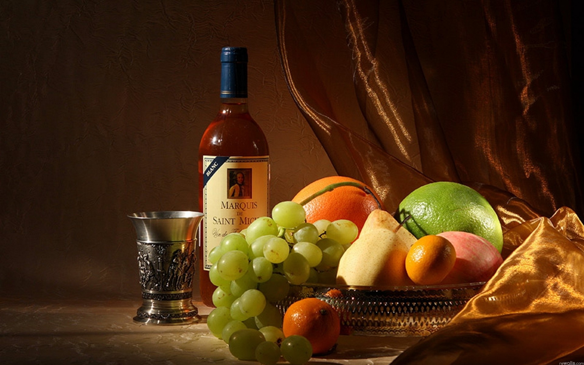 fruits a bottle wine bed