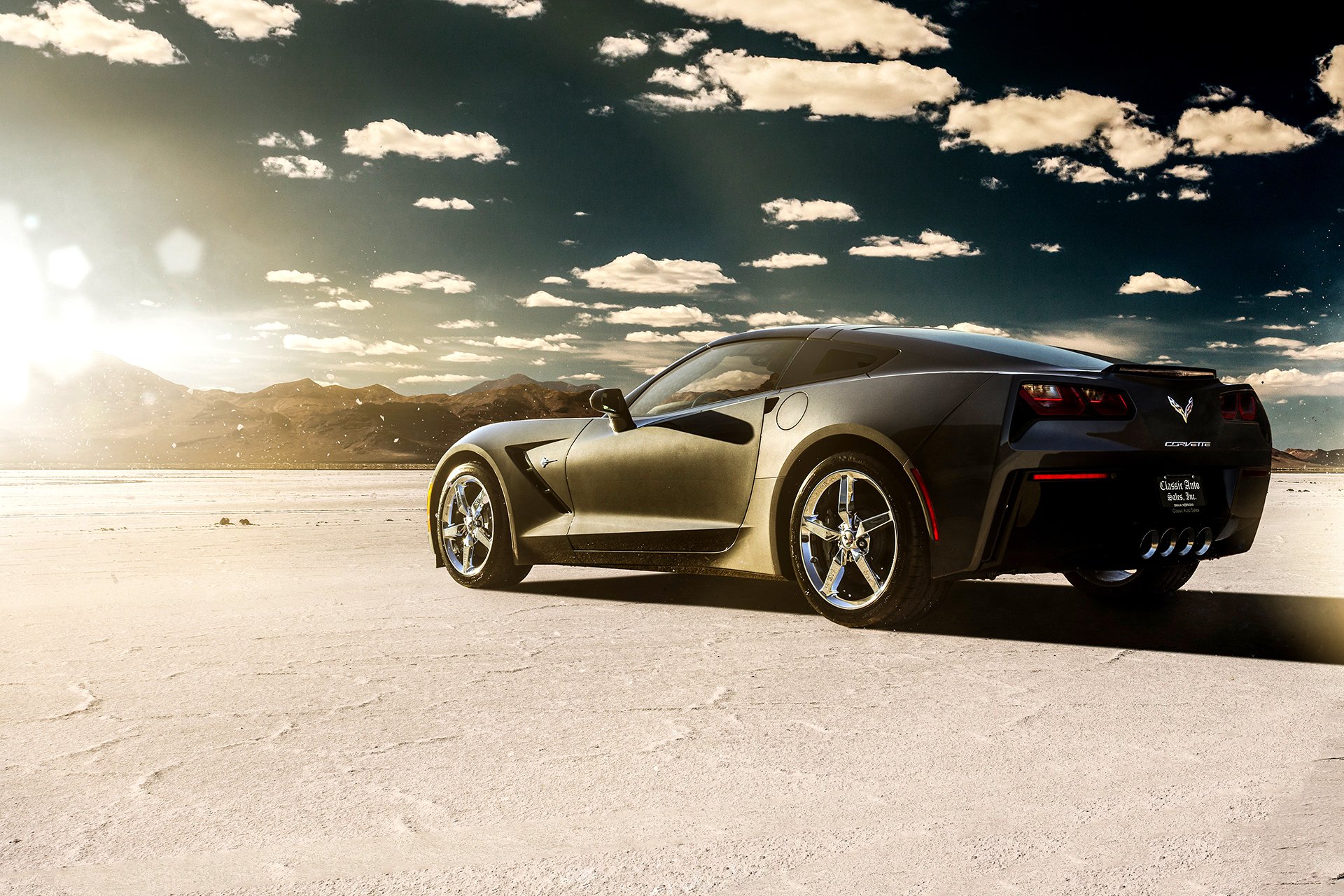 chevrolet corvette stingray auto nero posteriore c7 lago deserto