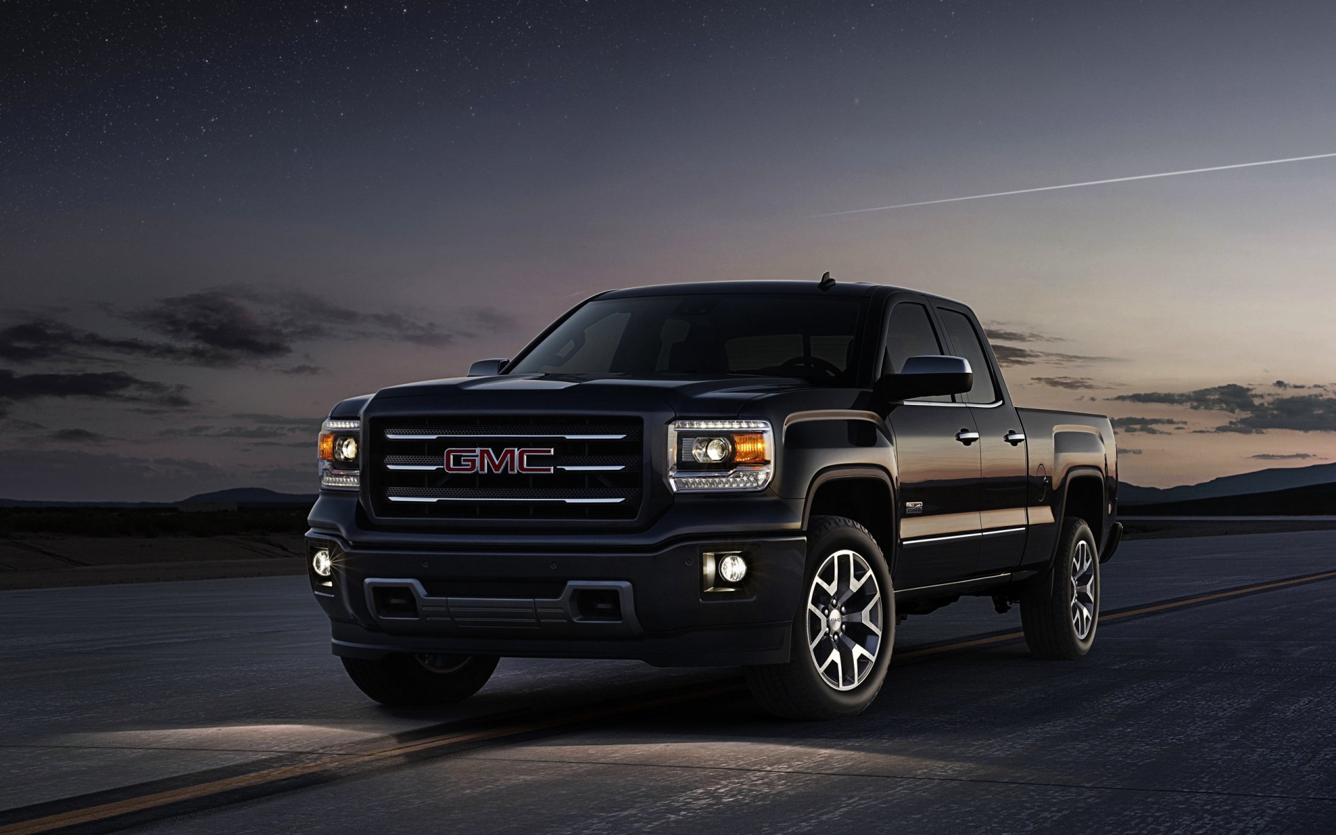 gmc sierra pick-up nero auto anteriore logo cielo sera