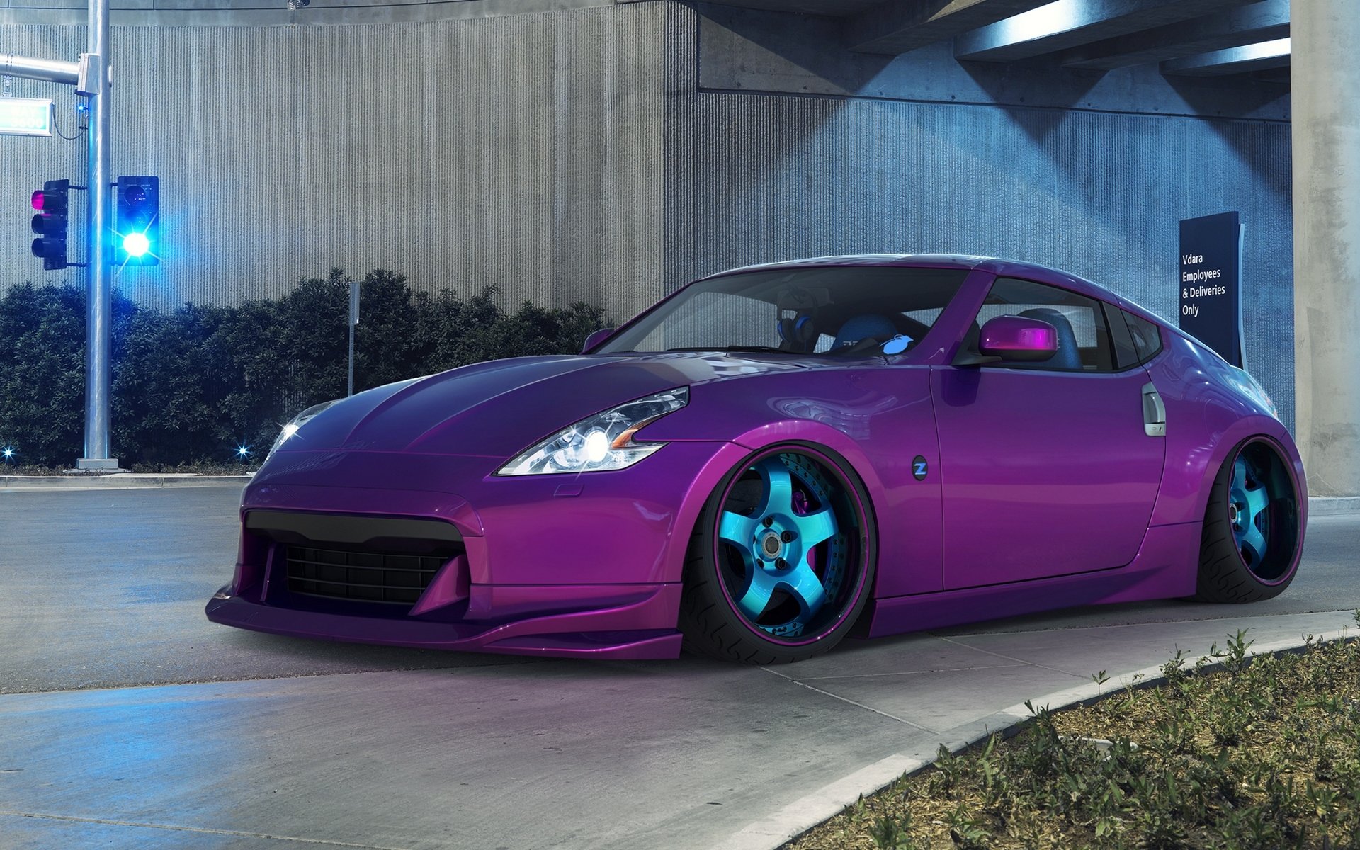 nissan 370 z purple lilac car auto nissan car purple purple lilac road tunnel traffic light