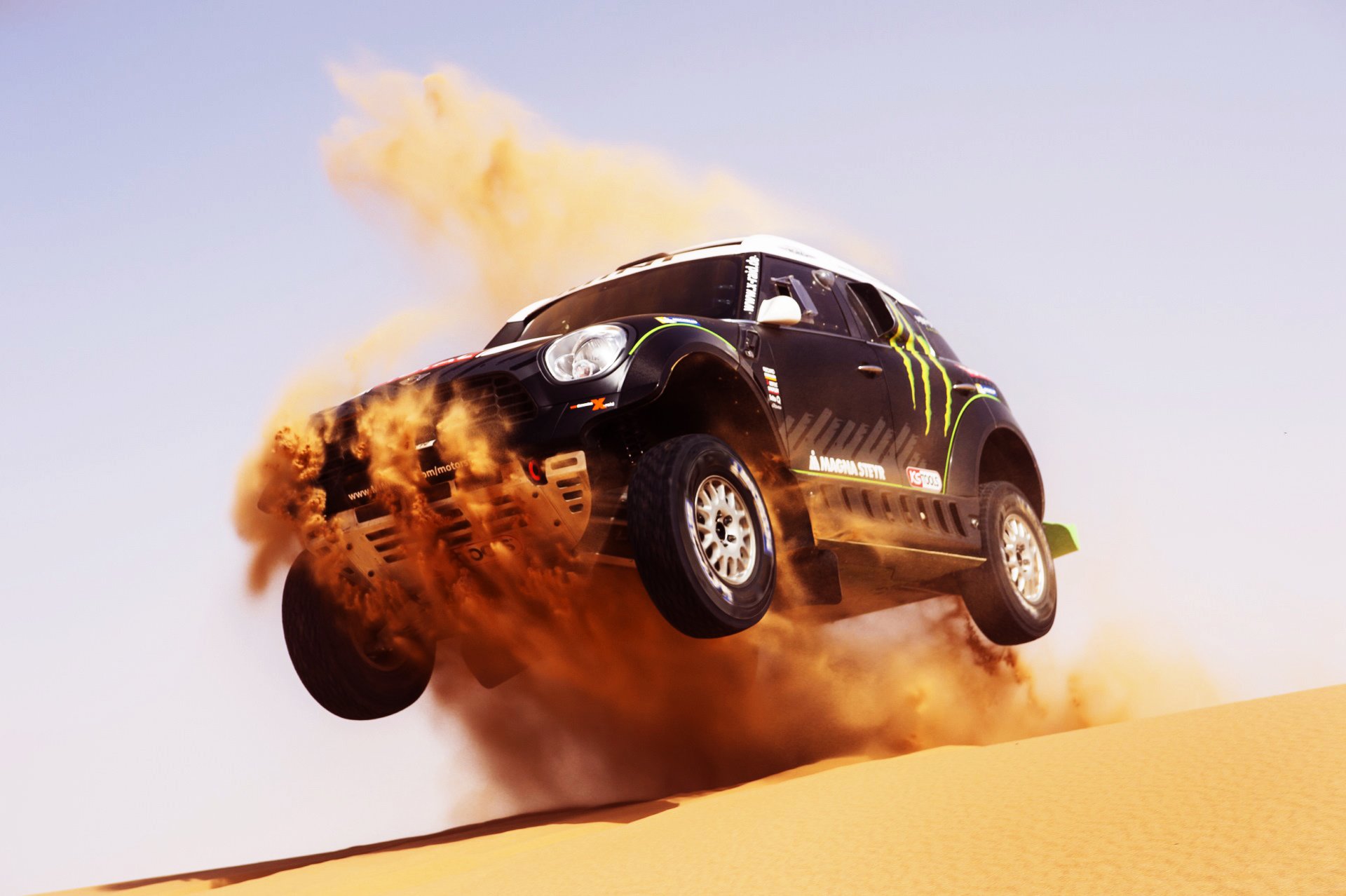 mini mini cooper mini dakar x-raid 2014 race sport black car speed in the air dune sand flying