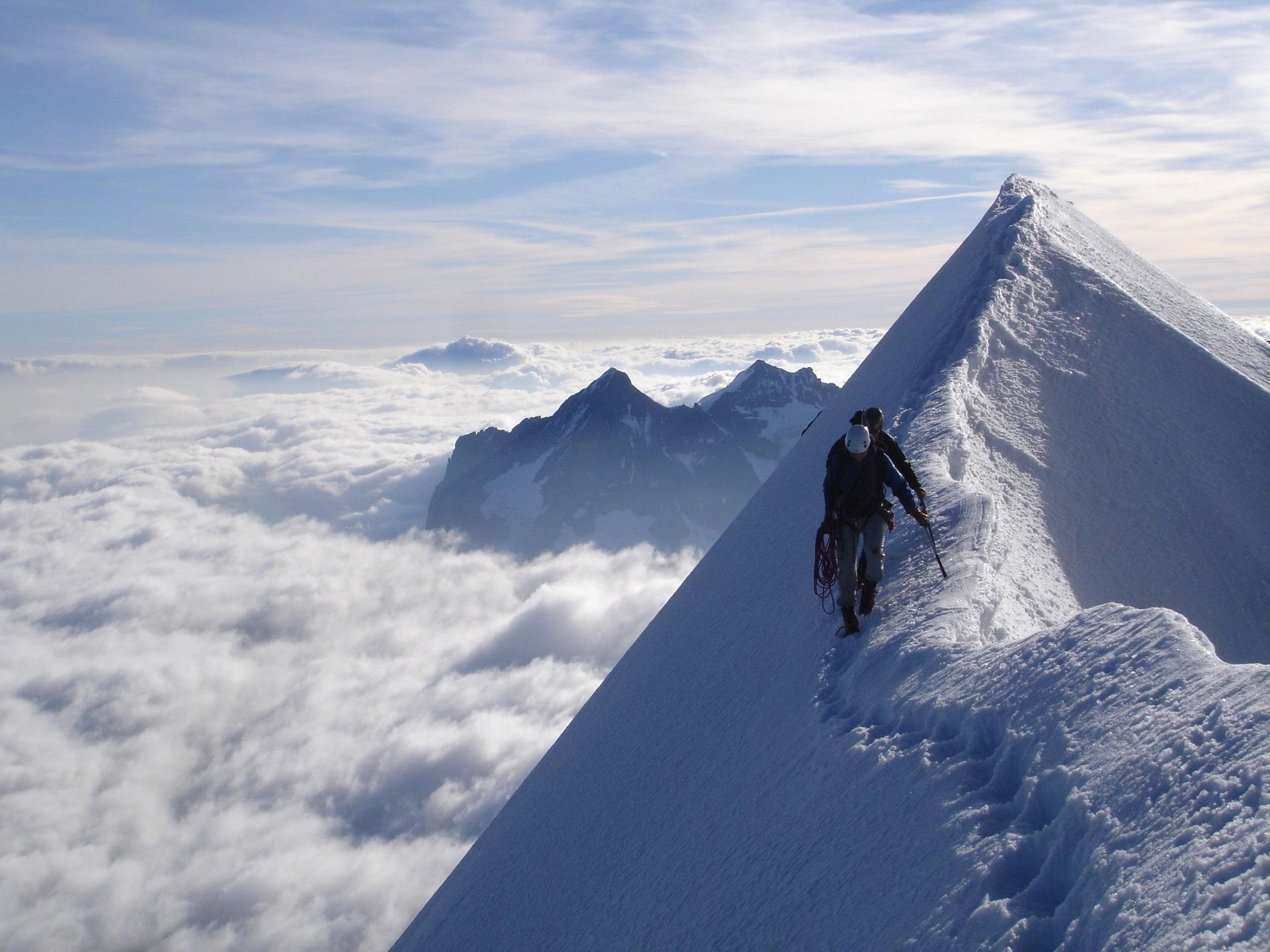 mountain trail clouds top the sky people snow