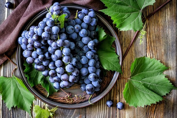 Синие гроздья винограда на столе