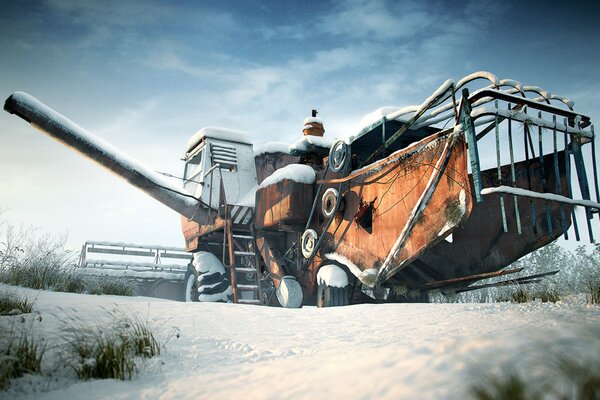 Ich setzte mich bei Winterwetter auf das Feld von Rostselmash