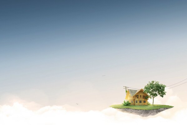 Maison avec un arbre planant dans les nuages