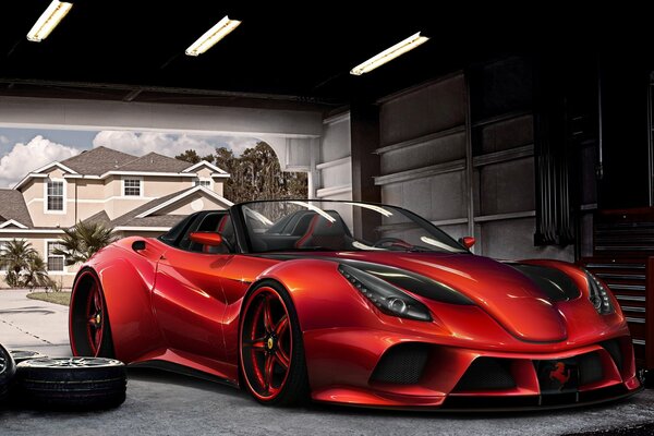 Roter ferrari f12 berlinetta virtuelles Tuning steht in der Garage