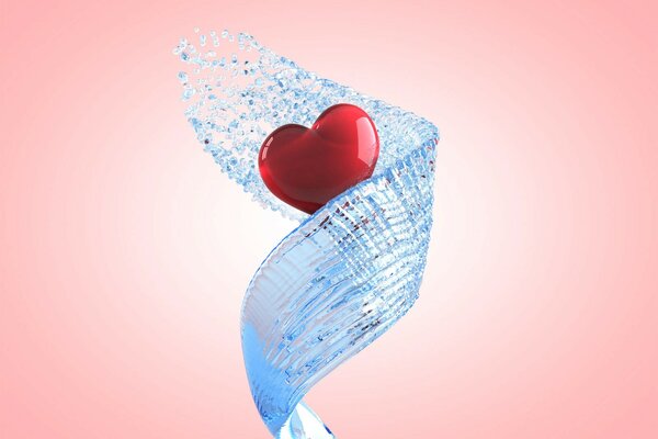 A hand-drawn red heart wrapped in a blue ribbon of splashes