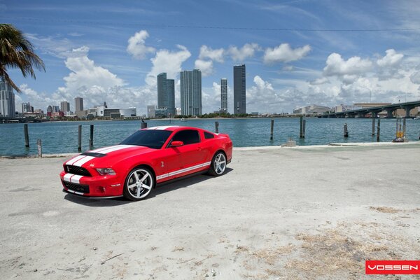 Red Ford shelby gt500 by the sea