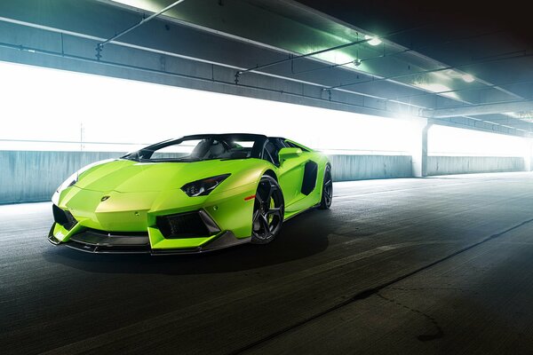 Car. lamborghini aventador green in motion