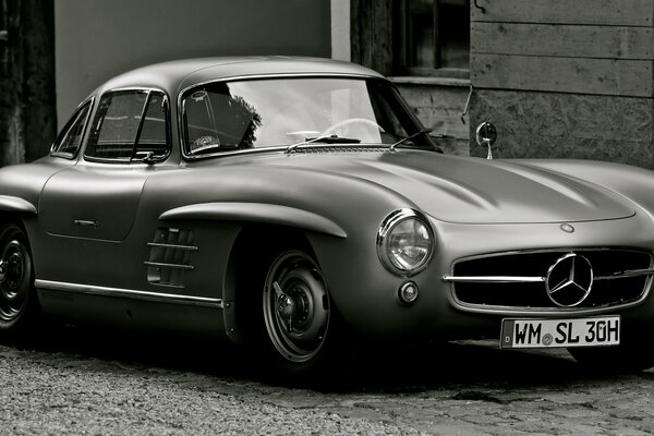 An old black and white Mercedes