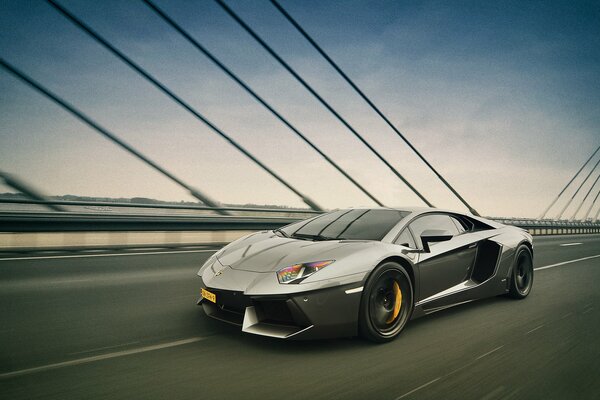 Lamborghini aventador on a suspension bridge