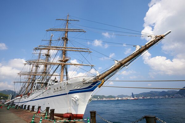 Sailboat at the pier of the Japanese Maritime Museum