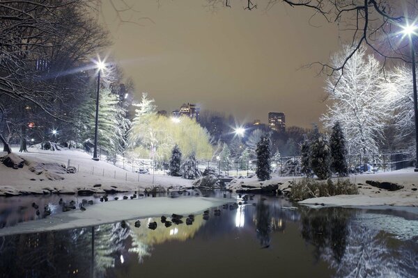 Ville d hiver. lanternes dans la neige