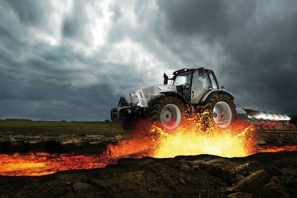 El tractor Ara a alrededor de la lava