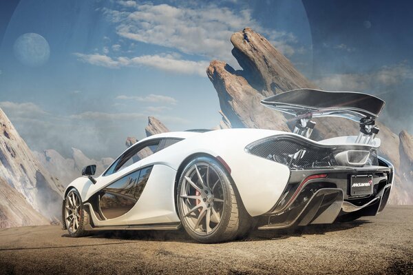 A white supercar stands in the desert