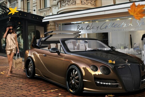 A girl on the street next to a bentley continental