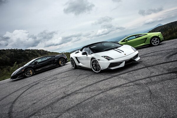 Noire. lamborghini blanc et vert avant la course