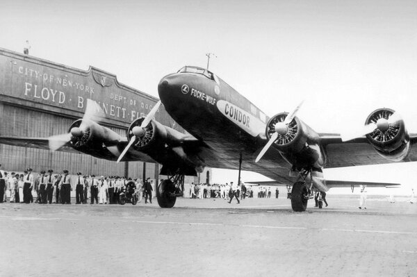 Retro airplane in black and white photo