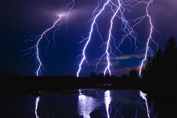 Lightning over the swamp at night