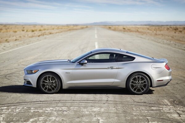 Ford Mustang car side view on the horizon background