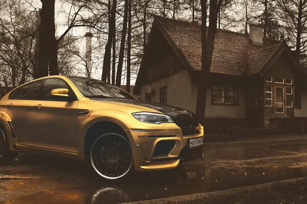 BMW chrome jaune sur fond de maison