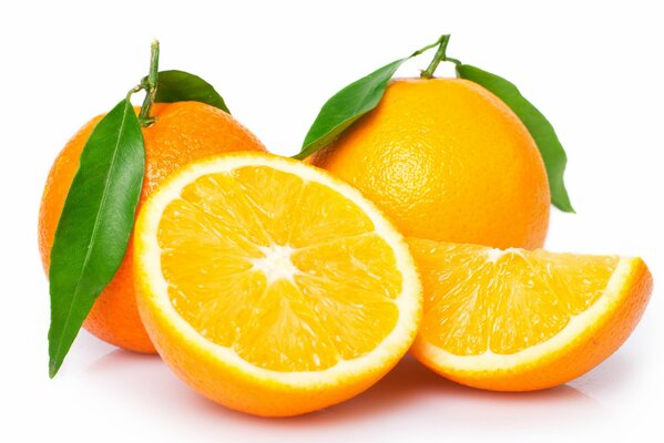 A cut of an orange on a white background. Orange slice in the photo