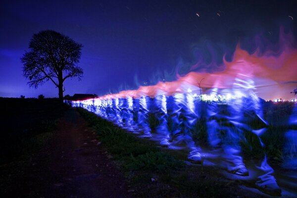 Blaues Licht von den Füßen, das in der Nacht zum Baum geht