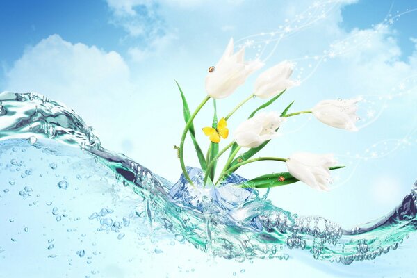 Цветы в кристально чистой воде окутанные льдом и бабочкой