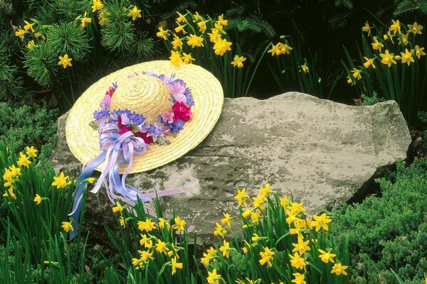 Everything is combined and a stone and a hat and flowers