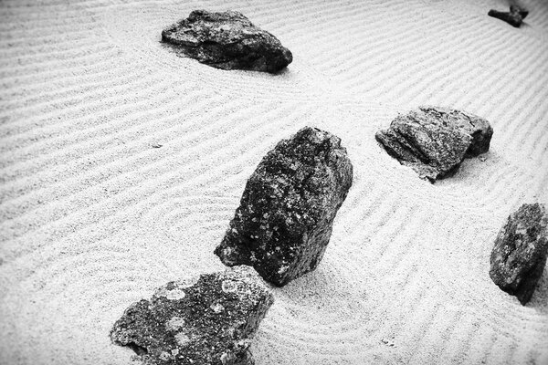 Schwarz-Weiß-Foto von Steinen im Sand