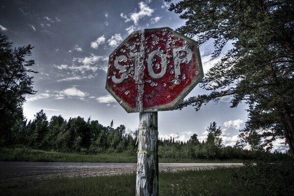 Una vieja señal de Stop disparada contra el fondo del bosque