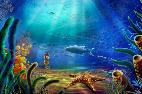 Illustration of the underwater world with its inhabitants