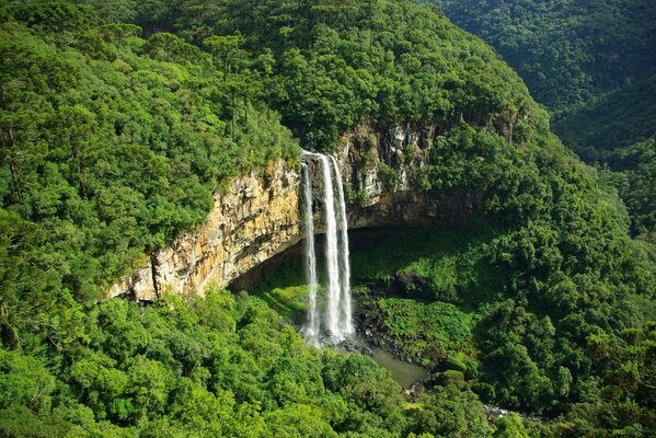 Cascata in montagna su uno sfondo di verde brillante