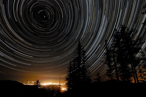 Spiralen auf Himmelshintergrund und Nachtbäume