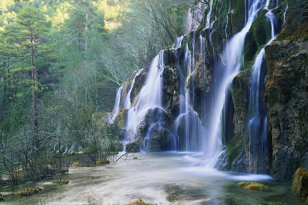 Rocky waterfall on the background of the forest