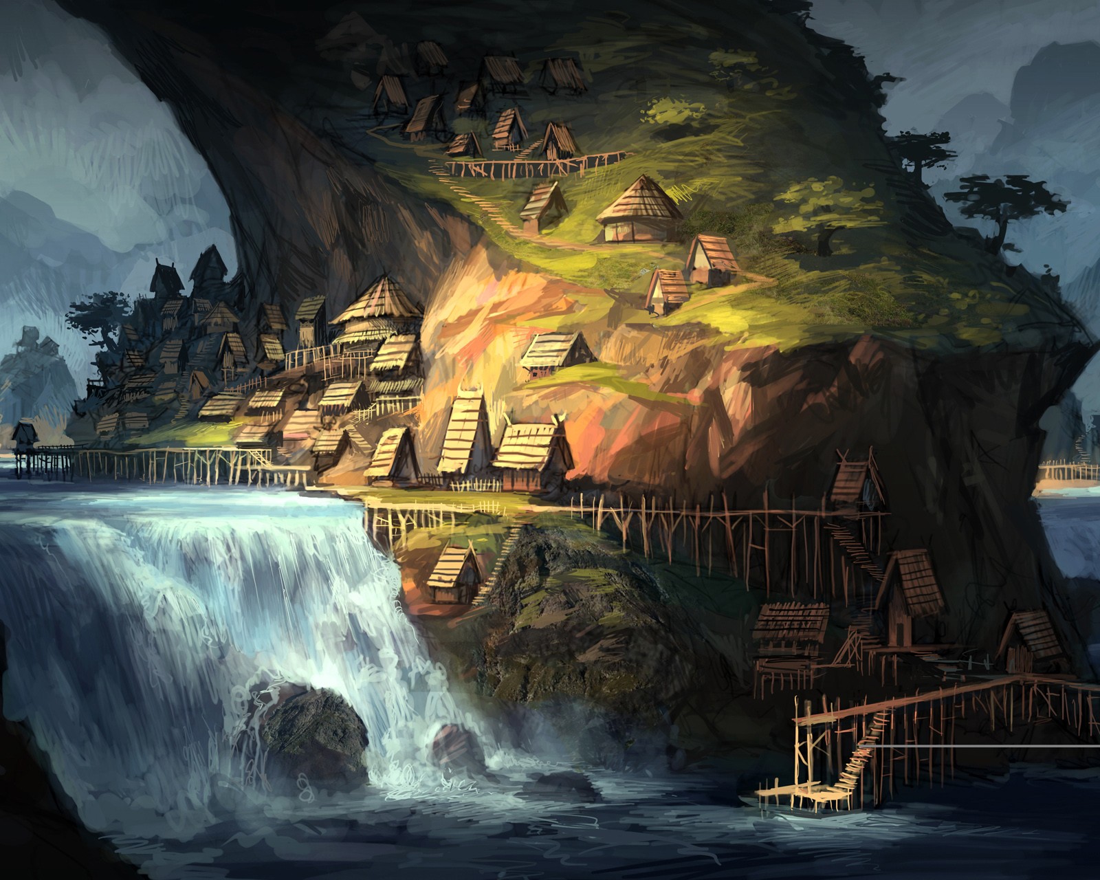 fantasy landscape river waterfall village