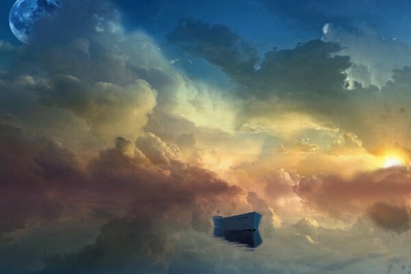 A lonely boat floats on the heavenly water among the clouds