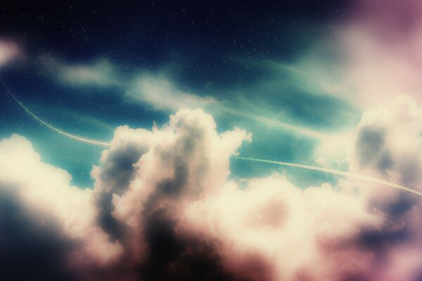 Rosa und weiße Wolken auf dem Hintergrund des blaugrünen Sternenhimmels