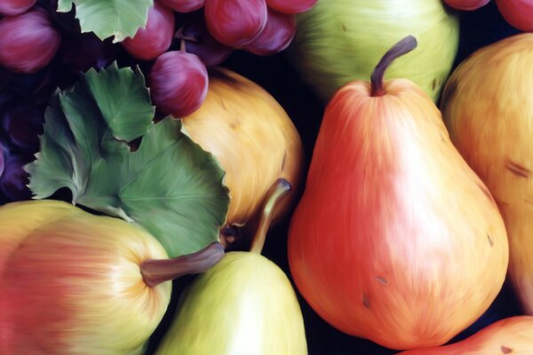 Naturaleza muerta con peras multicolores y uvas