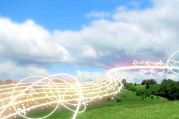 A fantasy image of shining strings through a summer landscape