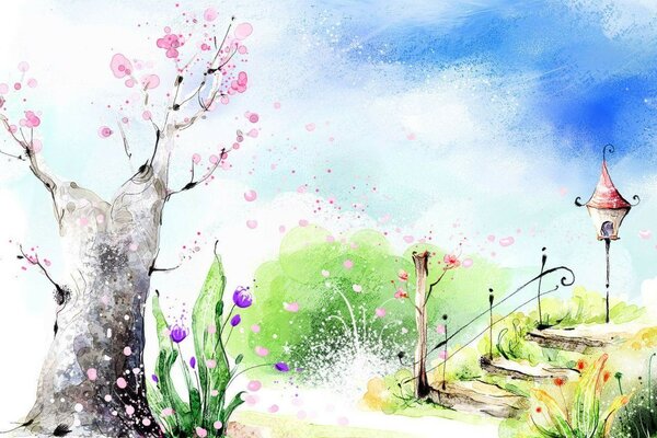 Disegno del Parco di primavera con fiori