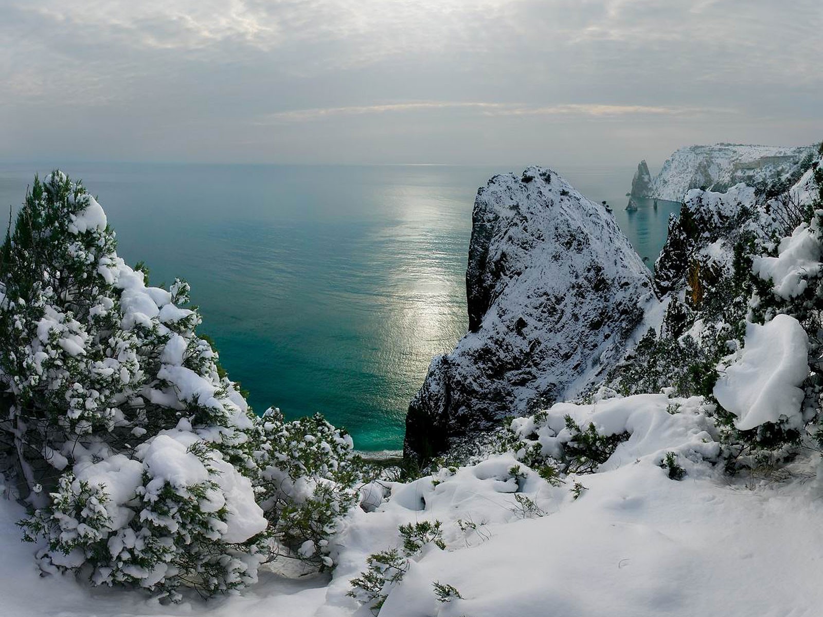 крым черное море зима скалы снег деревья в снегу горизонт