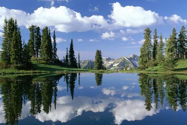 Отражение неба и деревьев в озере