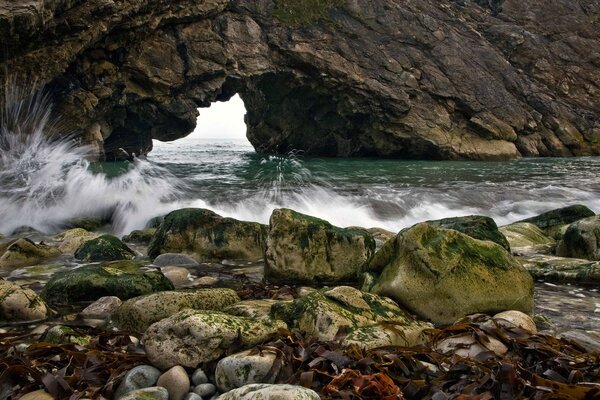 The rocky shore on which the waves are beating