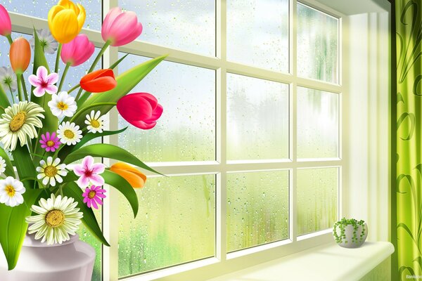 Bouquet de printemps sur la fenêtre après la pluie